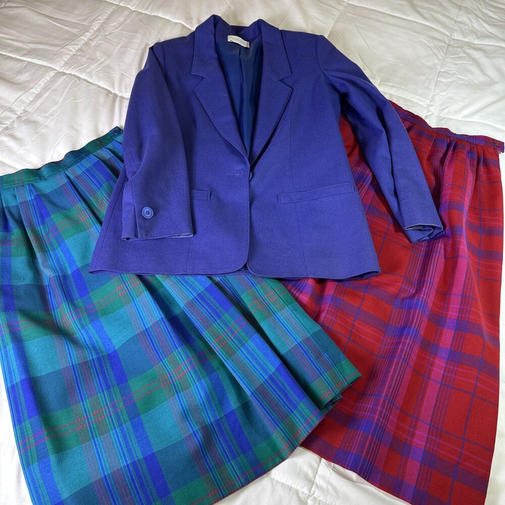 Vintage Pendleton 100% Virgin Wool Blazer with Two Plaid Skirts Suit Size 6